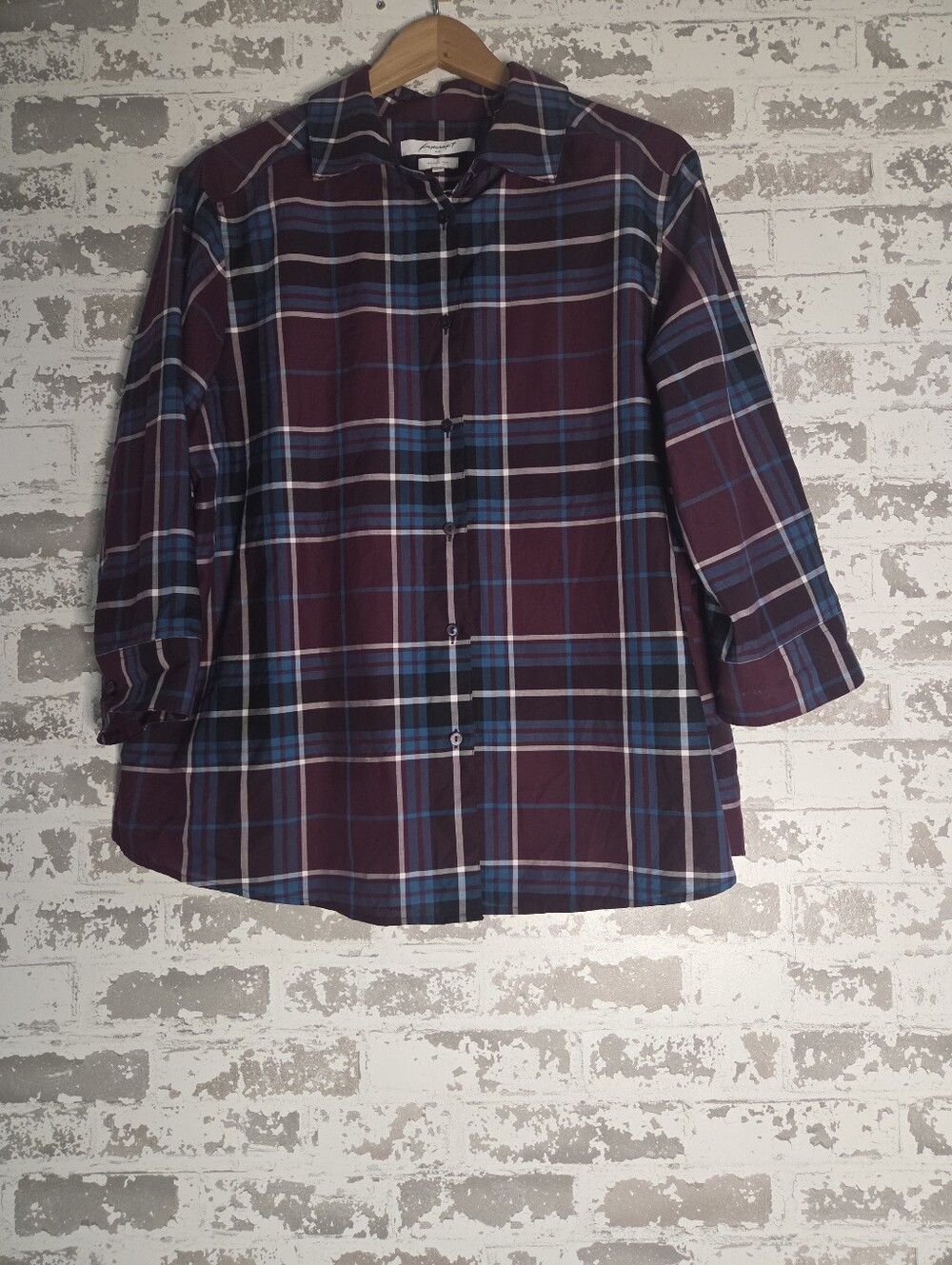 Foxcroft Burgundy Plaid Button-Down Shirt with Blue Accents